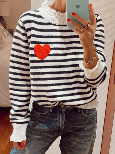 

Loose Casual Striped Stand Collar Sweater, Stripe, Sweaters