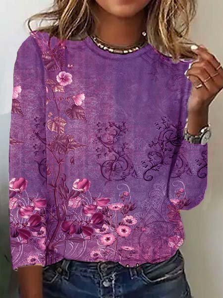 

Casual Crew Neck Floral T-Shirt, Purple, Long sleeves