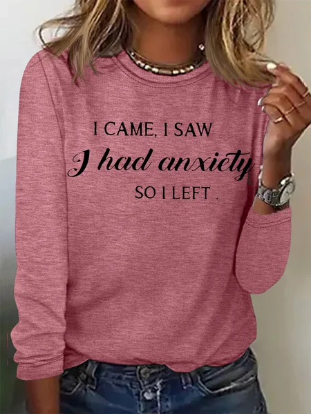 Crew Neck Regular Fit Cotton-Blend Casual Top, Rose red, Long sleeves