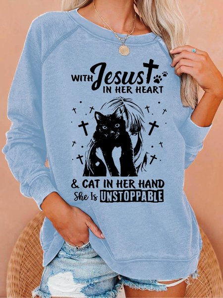 

Women's With Jesus In Her Heart Coffee In Her Hand & Her Cat She Is Unstoppable Neck Loose Sweatshirt, Light blue, Hoodies&Sweatshirts