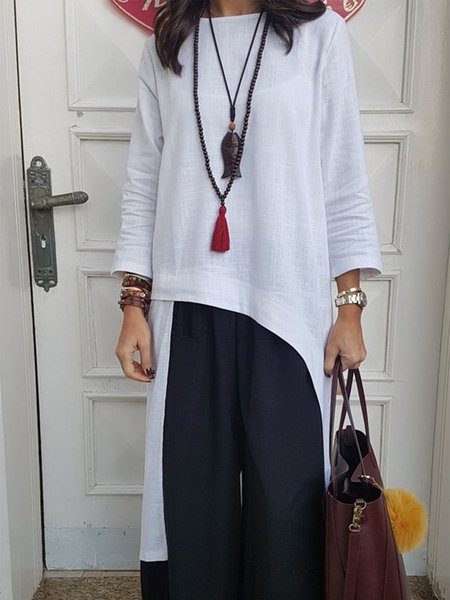 

Crew Neck Irregular Craftsmanship Casual Top, White, Tunics