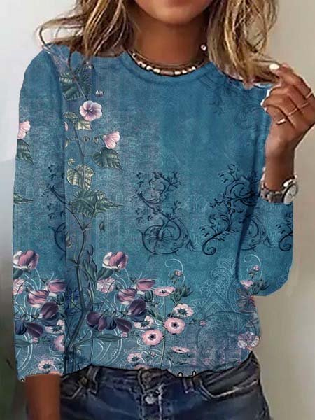 

Casual Crew Neck Floral T-Shirt, Blue, T-shirts