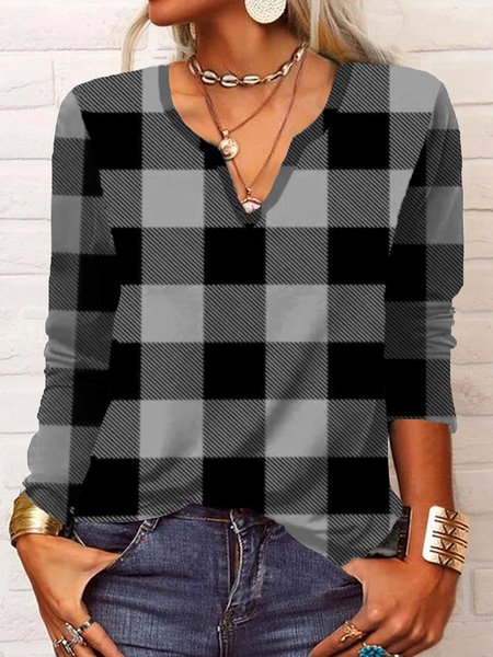 

Casual Loose Plaid Long sleeve V neck T-Shirt, Gray, T-shirts