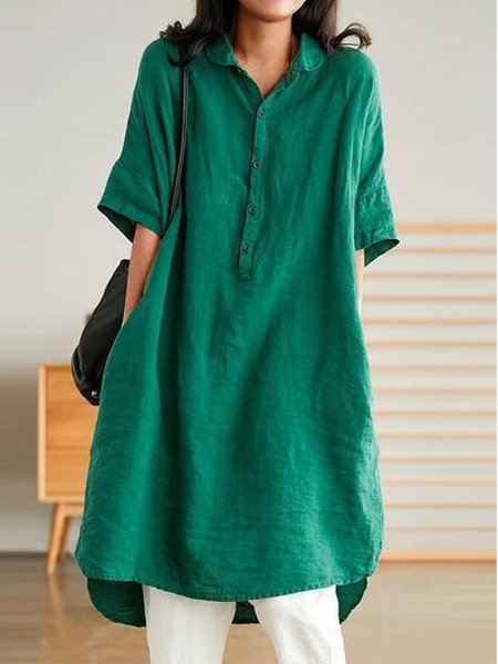 

Shawl Collar Casual Cotton Buttoned Dress, Green, Mini Dresses