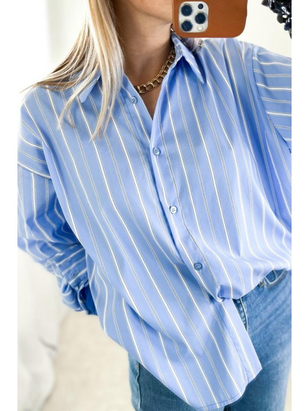 

Shirt Collar Casual Loose Striped Blouse, Blue, Blouses & Shirts