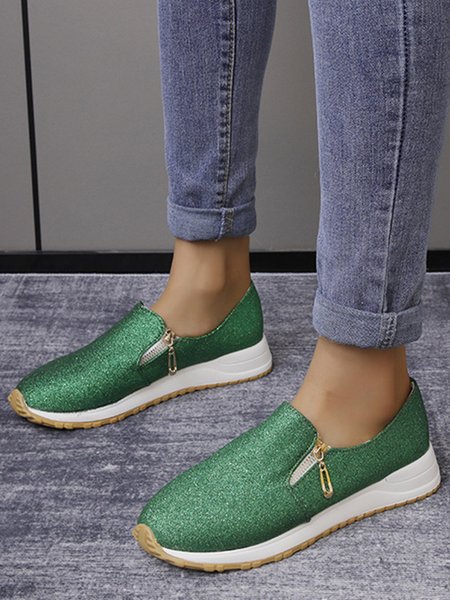 

Lightweight Soft Sole Zip Glitter Casual Sneakers, Green, Sneakers