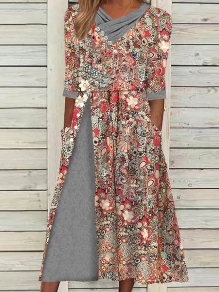 

Floral Cross Neck Casual Regular Fit Dress, Red, Midi Dresses
