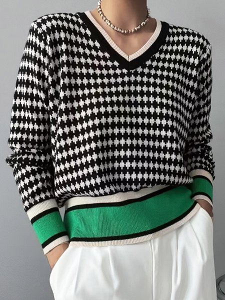 

Loose Urban V Neck Geometric Sweater, Green, Pullovers