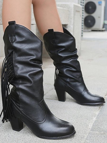 

Vintage Tassel Decor Slip On Cowboy Boots, Black, Boots