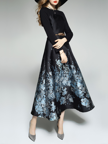 

Crew Neck Elegant Floral Dress & Party Dress, Black, Midi Dresses