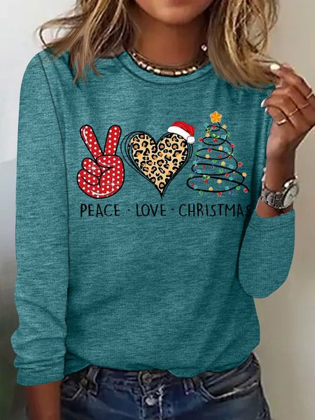 

Women's Peace love Christmas Crew Neck Casual Top, Green, Long sleeves