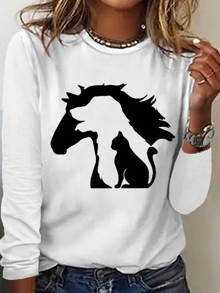 

Women's Lovely Horse Dog Cat Print Casual Top, White, Long sleeves