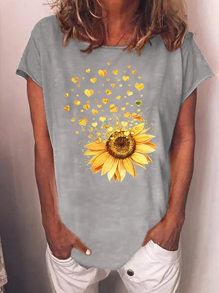 

Women's Crew Neck Casual Sunflower Heart T-Shirt, Gray, T-shirts