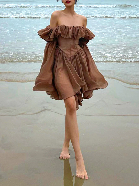 

Elegant Regular Fit Plain Dress, Brown, Midi Dresses