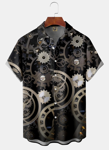 

Geer Wheel Chest Pocket Short Sleeve Casual Shirt, Black, Short Sleeve Shirts