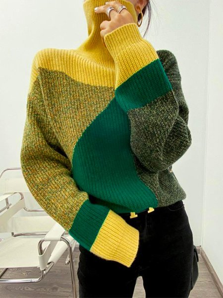 

Urban Loose Long Sleeve Color Block Sweater, Green, Pullovers