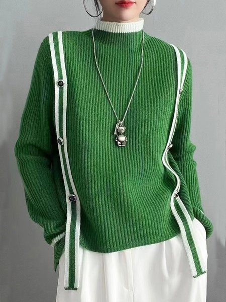 

Urban Stand Collar Color Block Buttoned Sweater, Green, Pullovers