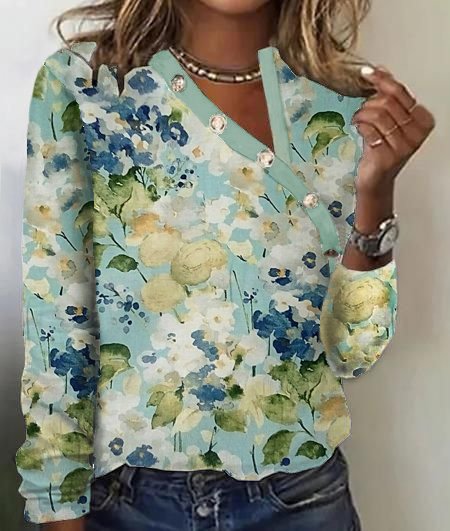 

Casual Regular Fit Floral Asymmetrical Collar T-Shirt, Green, T-Shirts