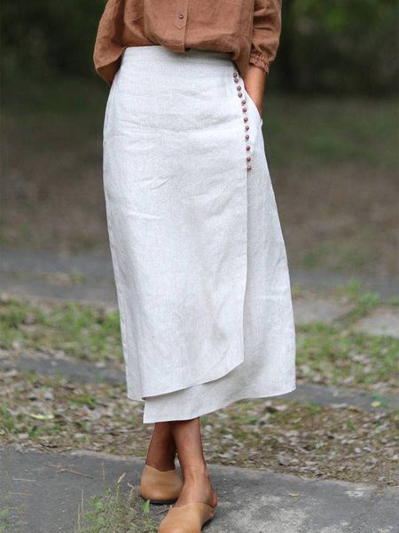 

Cotton Loose Buttoned Casual Skirt, White, Skirts
