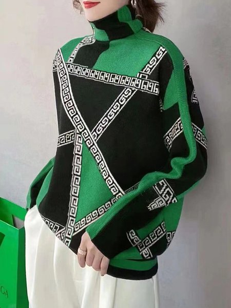 

Long sleeve Color Block Casual Loose Sweater, Green, Pullovers