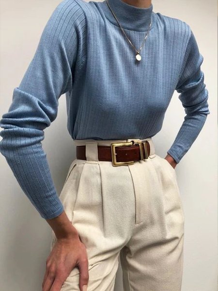 

Simple Plain Turtleneck Urban Sweater, Grey-blue, Pullovers