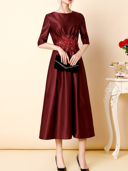

Elegant Floral Satin Dress & Party Dress, Red, Midi Dresses