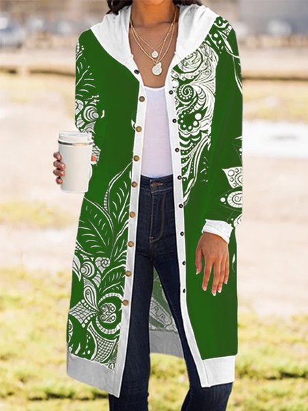 

Paisley Hoodie Long Sleeve Buttoned Casual Coat, Green, Coats