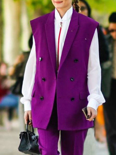 

Plain Elegant Lapel Collar Double Breasted Loose Vest, Purple, Others