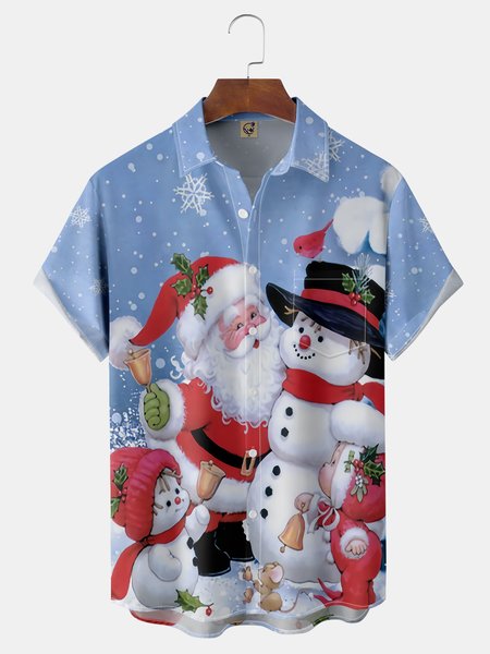 

Christmas Santa Snowman Chest Pocket Short Sleeve Shirt, Blue, Men Shirts