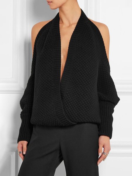 

Long sleeve Loosen Simple Plain Daily Sweater, Black, Pullovers