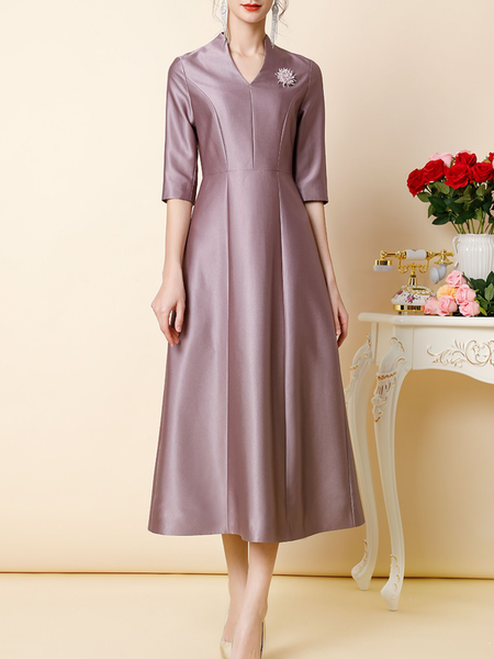 

Elegant Plain Satin Regular Fit Dress & Party Dress, Purple, Midi Dresses