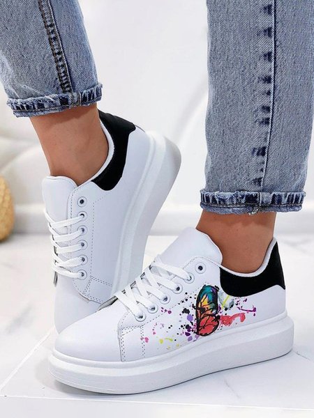 

Butterfly Printed Flat Heel Lace-Up Skate Shoes, White, Sneakers
