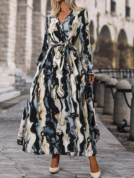 

Abstract Regular Fit Casual V Neck Dress, Multicolor, Dresses