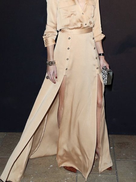 

Daily Satin Plain Regular Fit Elegant Long Skirt, Apricot, Skirts