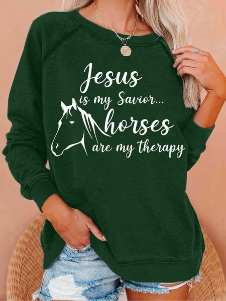 

Women’s Jesus is My Savior Horses are my therapy Loose Simple Sweatshirt, Green, Hoodies&Sweatshirts