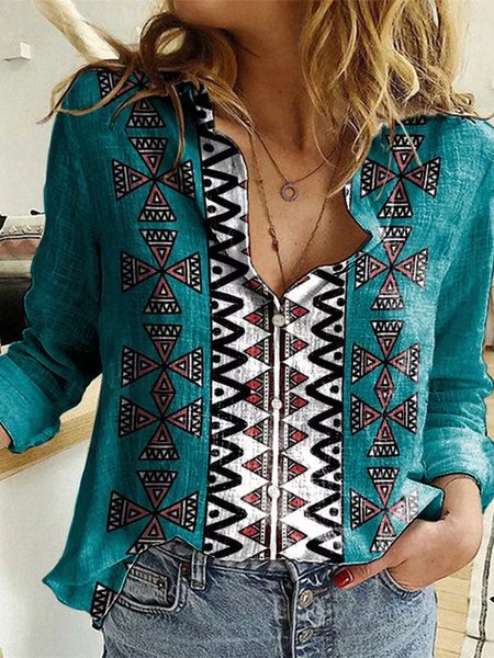 

Shawl Collar Casual Ethnic Blouse, Blue, Shirts & Blouses