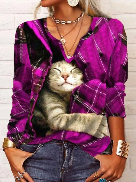 Casual Christmas Plaid Cat Long sleeve V Neck T Shirt