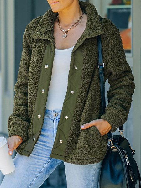 

Casual Fluff/Granular Fleece Fabric Shawl Collar Buttoned Teddy Jacket, Army green, Outerwear