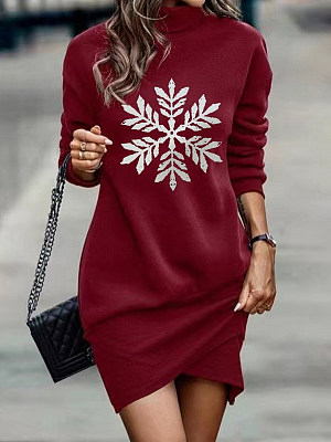 

Loose Casual Cotton-Blend Half Turtleneck Dress, Wine red, Dresses
