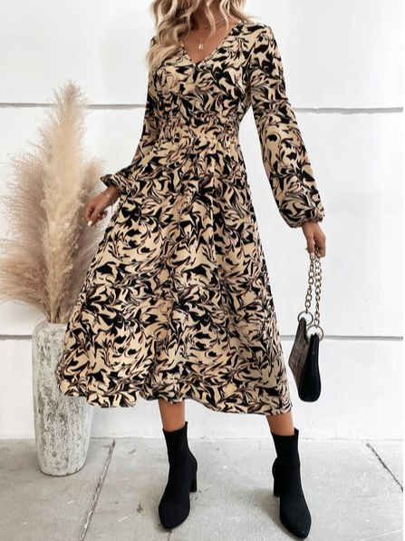 

Abstract Regular Fit V Neck Casual Dress, Beige, Midi Dresses