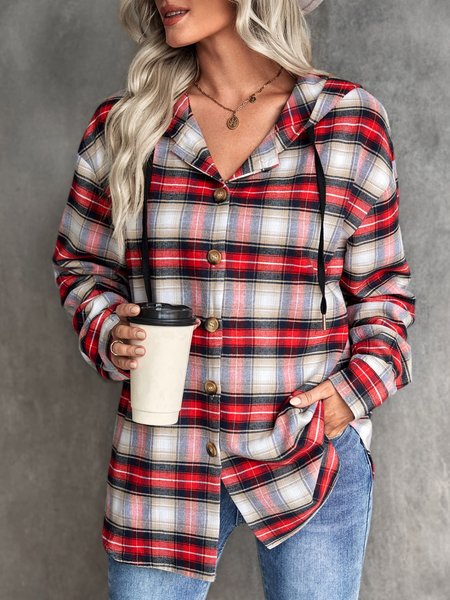 

Plaid Hoodie Casual Long sleeve Outwear, Red, Jackets