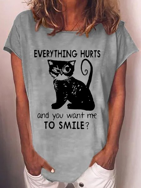 

Women's Funny Everything Hurts Cat Letters Print Loose T-Shirt, Gray, T-shirts