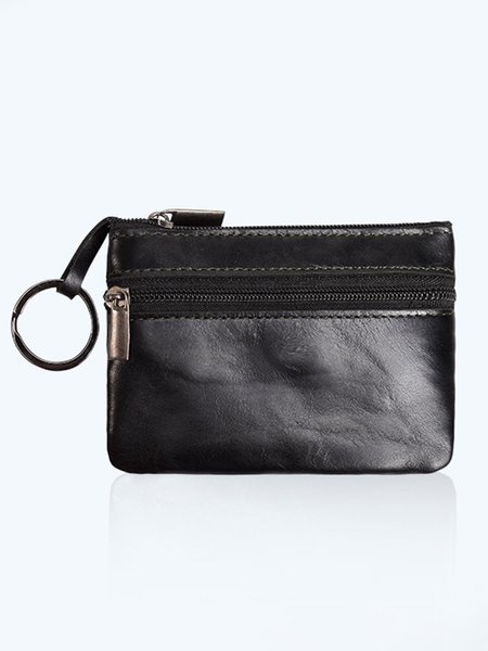 

Cowhide Wax Leather Retro Simple Coin Purse, Black, Women's Bags