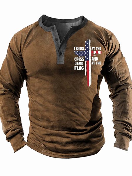 

Men’s I Kneel At The Cross And Stand At The Flag Half Open Collar Text Letters Casual Regular Fit Top, Khaki, Long Sleeves