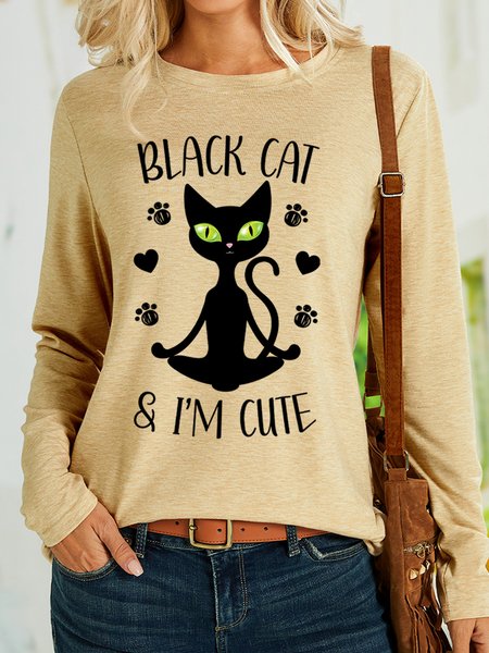 

Lilicloth X Manikvskhan Black Cat And I'm Cute Womens Long Sleeve T-Shirt, Khaki, Long sleeves