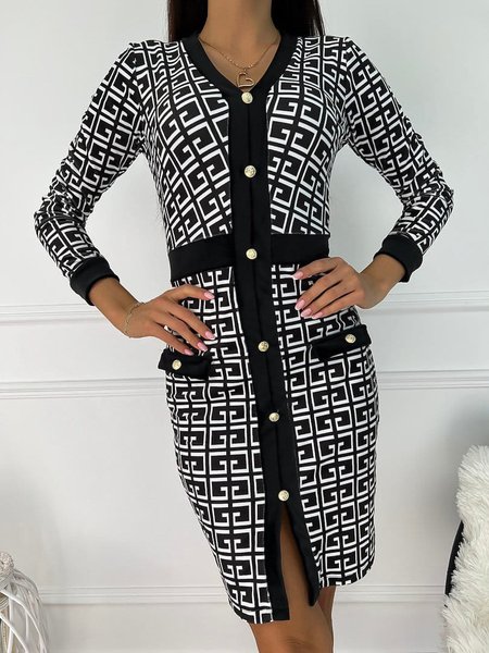 

Regular Fit Casual V Neck Geometric Dress, Black, Dresses