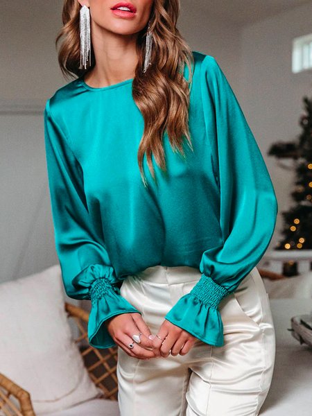 

Plain Elegant Satin Crew Neck Blouse, Blue, Blouses and Shirts