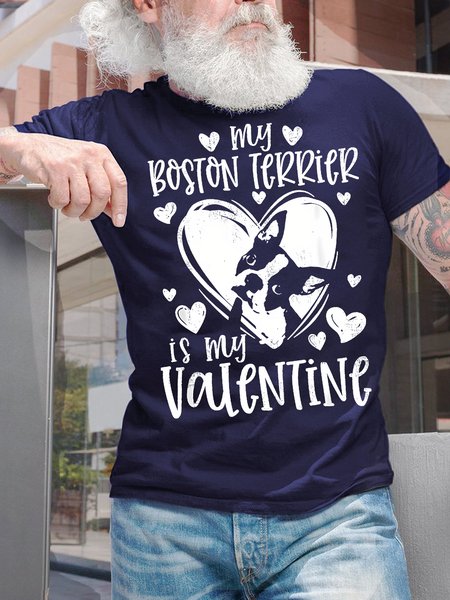 

Men's My Boston Terrier Is My Valentine Funny Graphic Printing Cotton Casual Loose Text Letters T-Shirt, Purplish blue, T-shirts