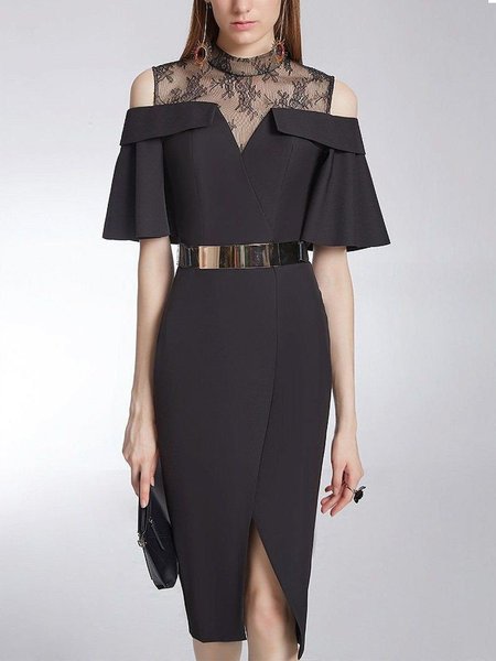 

Elegant Regular Fit No Elasticity Crew Neck Hip Skirt Lace Party Dress, Black, Midi Dresses
