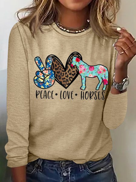 

Women's Peace Love Horses Funny Graphic Printing Casual Crew Neck Text Letters Loose Top, Khaki, Long sleeves